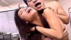 Nerdy Asian dude is eager to play with a stunning girl's pussy