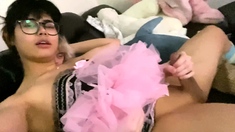 Asian shemale Arty fondles herself in solo cock masturbation