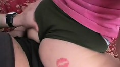 Dani is giving him a dry hump as she squirms her tattooed ass on him