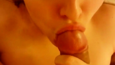 Close-up cumming on girlfriend's chin, mouth and lips